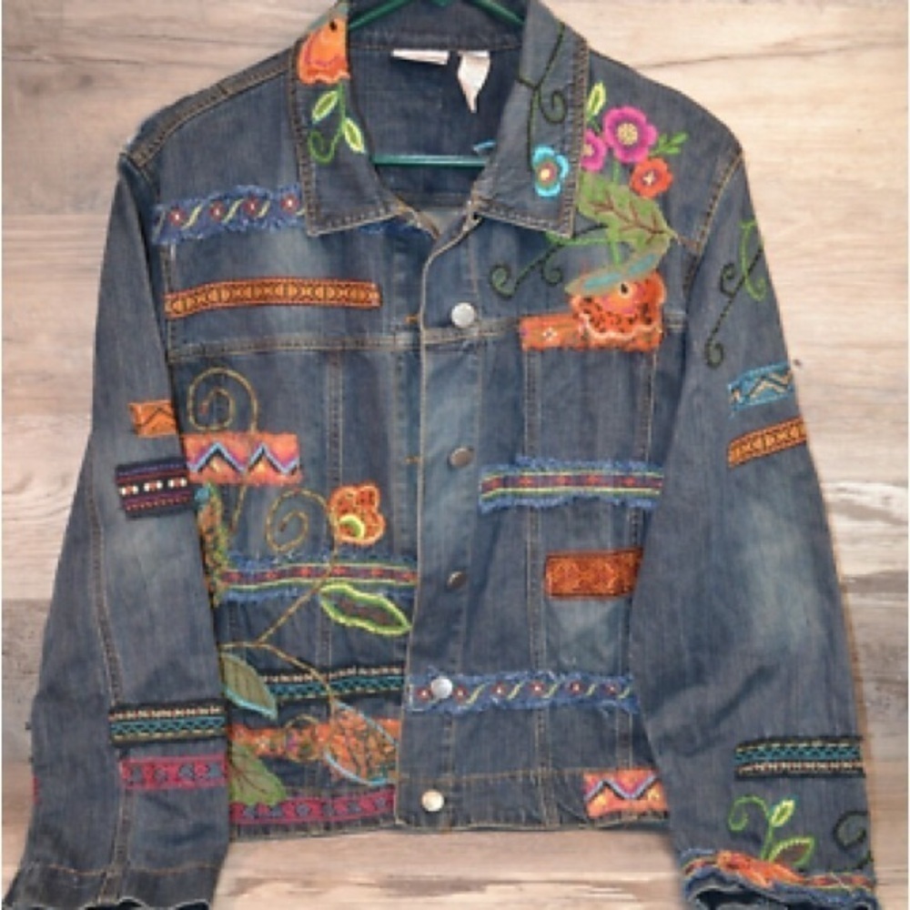 Chico’s Heavily Embroidered Denim Jean Bohemian Style Jacket